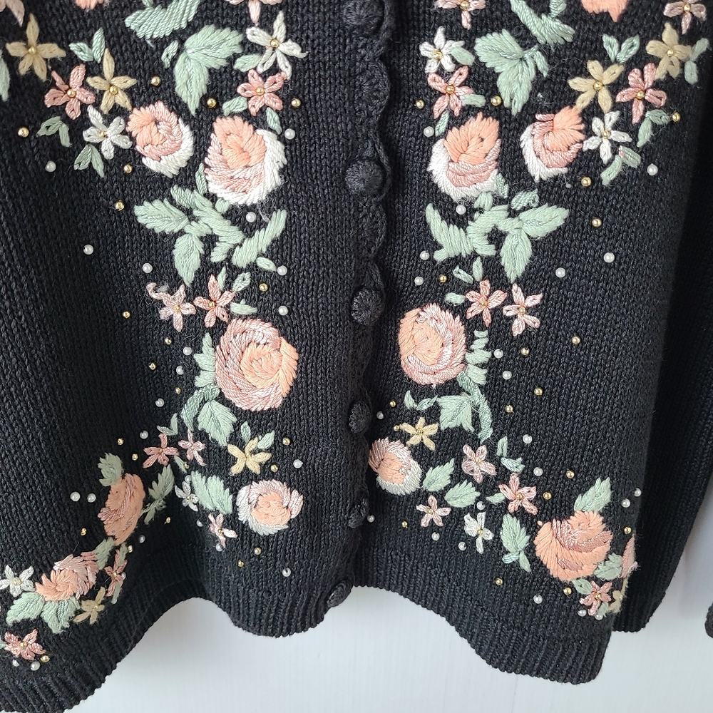 Work In Progress Embroidered Pearl Beaded Vintage Grandma Cardigan Sweater - Picture 6 of 12
